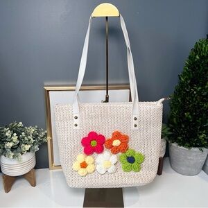 Raffia Tote with Crocheted Flowers - Boho Whimsical Cottagecore Cream Hand-Woven